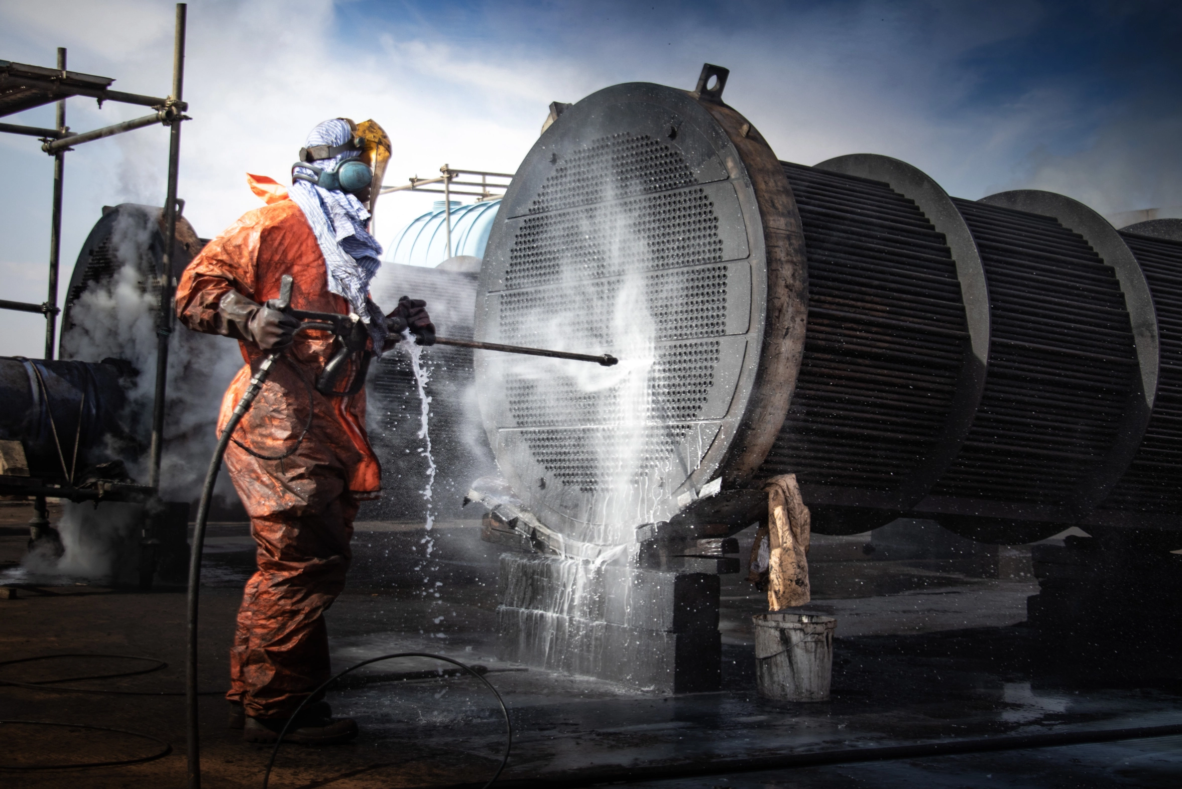 High-pressure hydro-jetting equipment in use